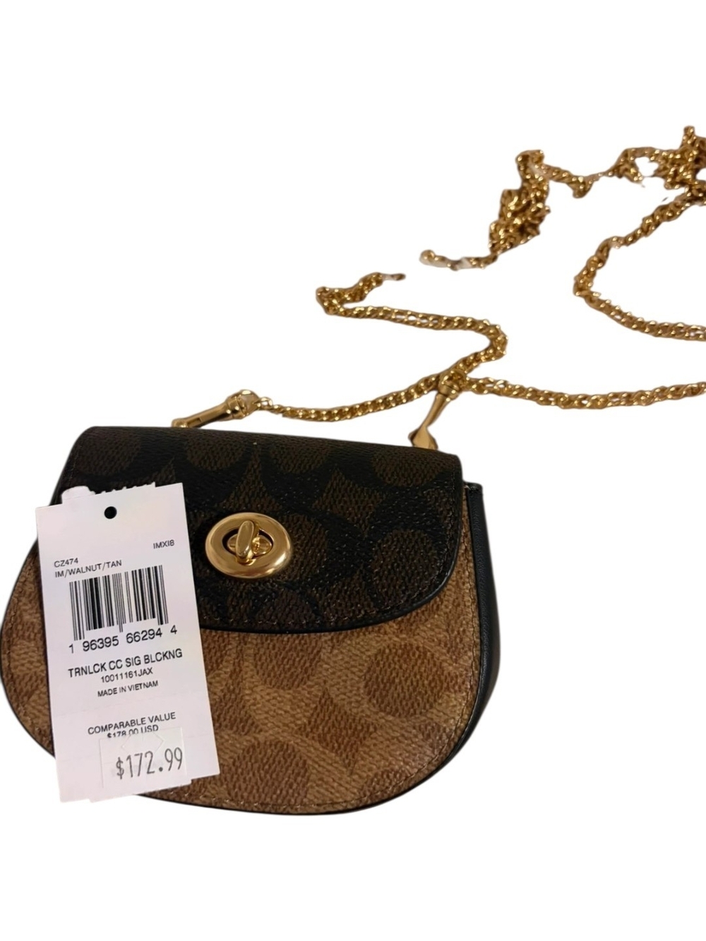 Coach Turnlock Mini Wallet on Chain Signature Canvas Colorblock Walnut/Tan NWT